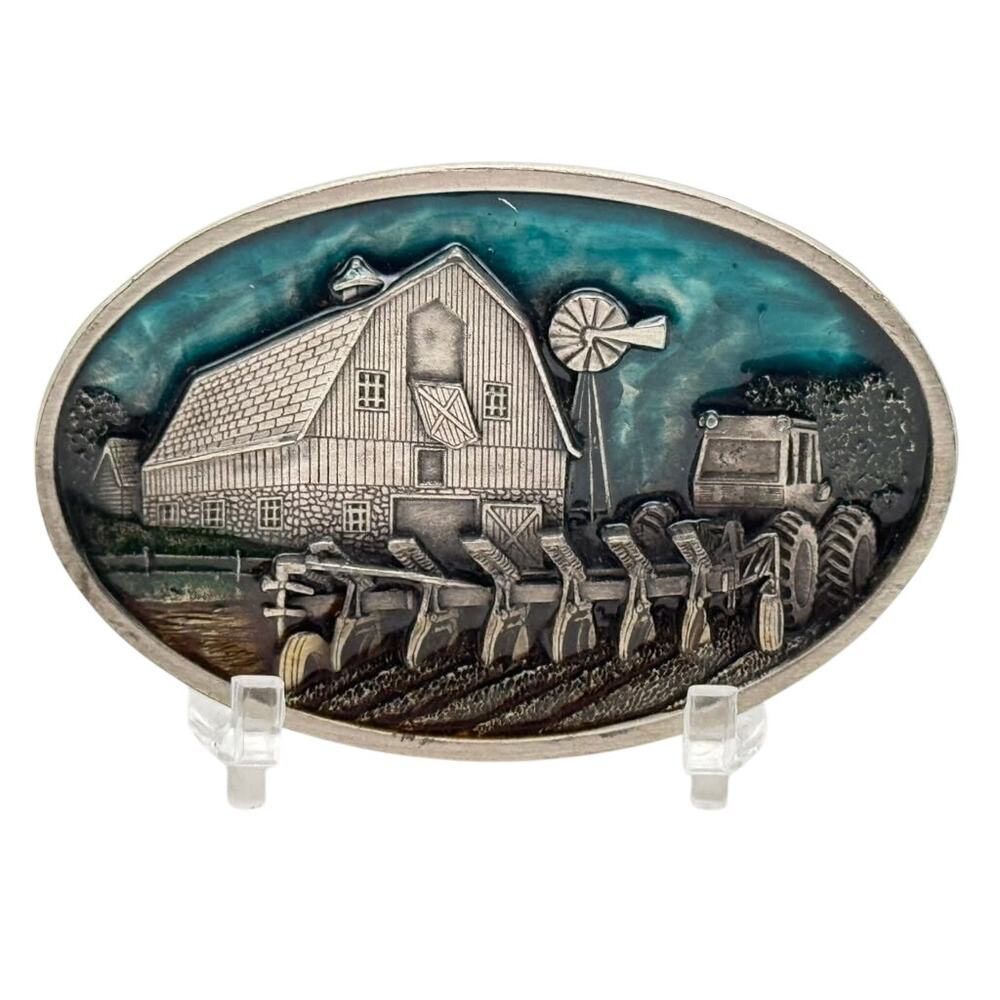 Bergamot Brass Works 1984 Farm Scene Enamel Belt Buckle